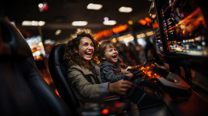 Mother and son playing video games in amusement park. Concept of leisure activity. - obrazy, fototapety, plakaty