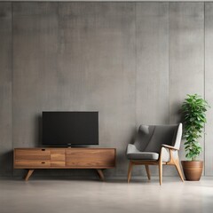 Wall mounted tv and wooden cabinet with gray armchair in modern living room the concrete wall, Generative AI