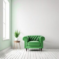 Living room has a green armchair on empty white color wall background, Generative AI