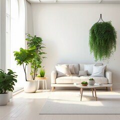 Bright and cozy modern living room interior have sofa and plant with white wall, Generative AI