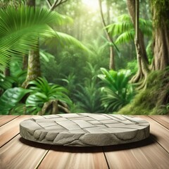 Stone platform in tropical forest for product presentation and green wall, Generative AI