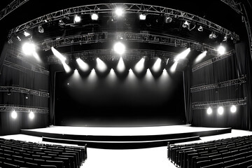 Empty Concert Theater with large center walkway with lots of bright stage spotlights with chairs for large crowds and audience musical festive party theme background