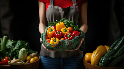 Woman holding basket with fresh peppers vegetables closeup. Organic food