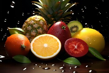 Group of tropical fruits with dewy water particles enhancing their beauty