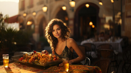 Beautiful young woman with curly hair sitting at a table in a restaurant in Greece.
