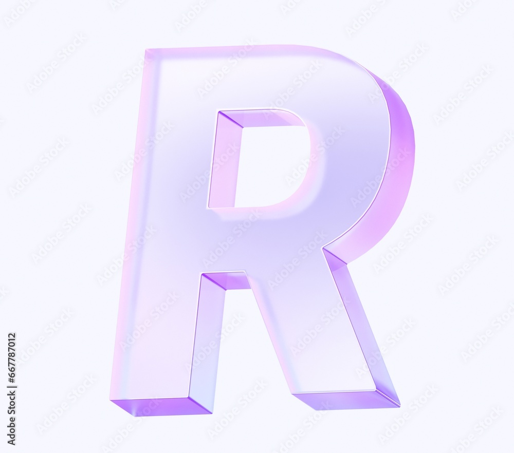 Poster letter r with colorful gradient and glass material. 3d rendering illustration for graphic design, pr