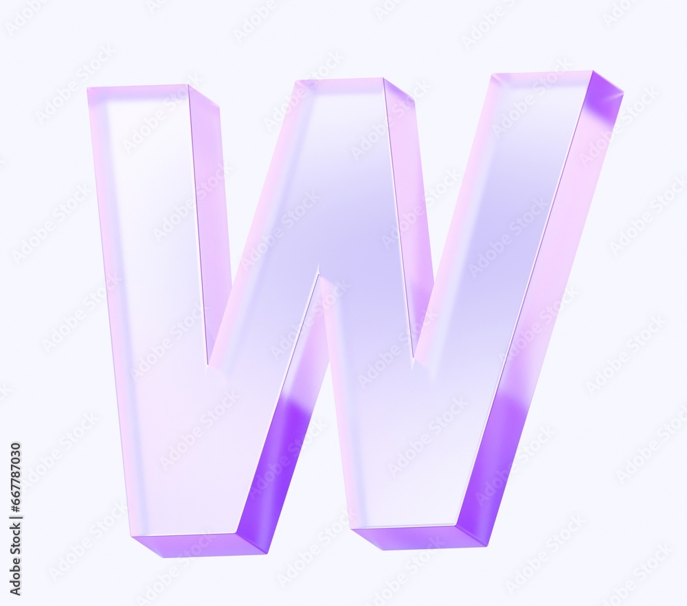 Poster letter w with colorful gradient and glass material. 3d rendering illustration for graphic design, pr