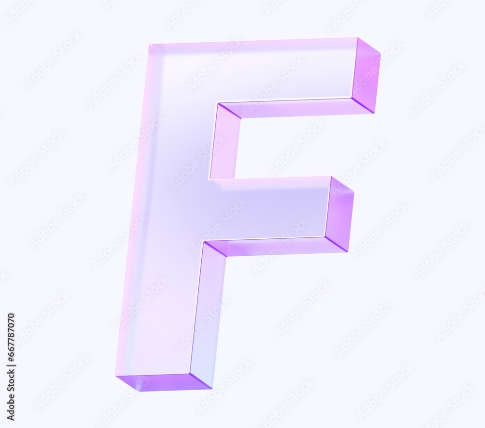 Poster letter f with colorful gradient and glass material. 3d rendering illustration for graphic design, pr