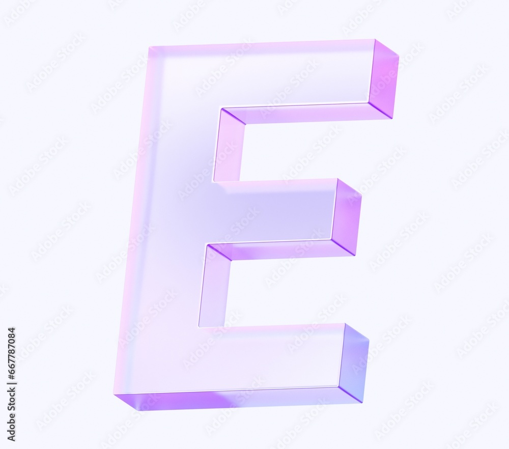 Poster letter e with colorful gradient and glass material. 3d rendering illustration for graphic design, pr
