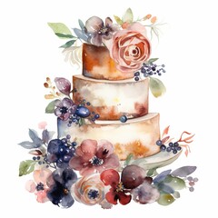 Bohemian watercolor wedding cake, single, white background. AI generated