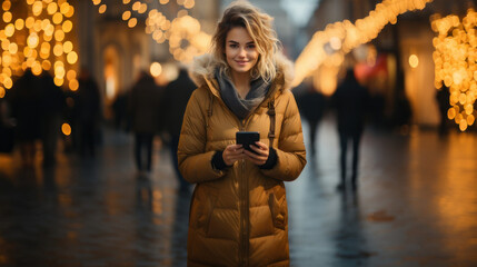 Beautiful young woman using mobile phone in the city at Christmas time.