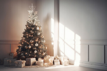 Fototapeta premium Decorated Christmas tree inside the living room. Generative AI
