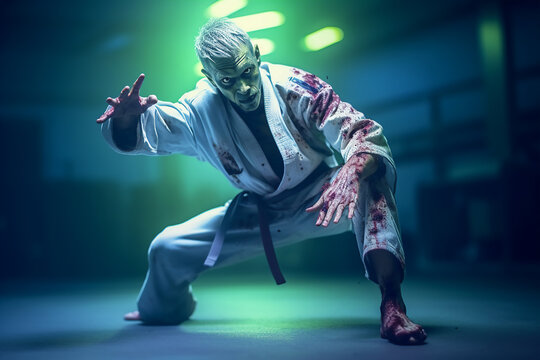 Portrait of a zombie karate fighting on a dark background.