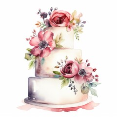 Romantic watercolor wedding cake, single, white background. AI generated