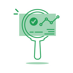 green assessment icon with magnifier and document. flat outline trend simple magnifying glass with doc logotype graphic web design isolated on white. concept of job exam form or financial management