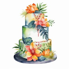 Tropical watercolor wedding cake, single, white background. AI generated
