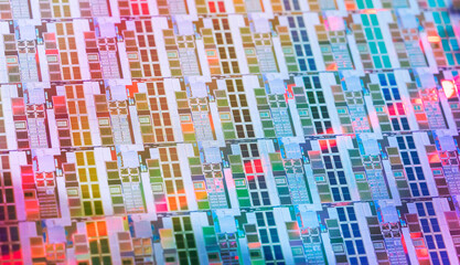 background of silicon wafer semiconductor with neon color, integrated circuits to manufacture CPU...