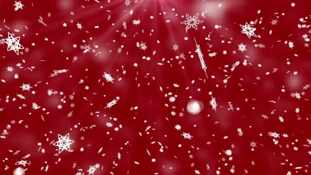 Christmas mood. New Year's snow. Slowly falling snowflakes on a red background in red rays. Looping seamless animation.