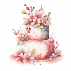 Watercolor cherry blossom wedding cake, single, white background. AI generated