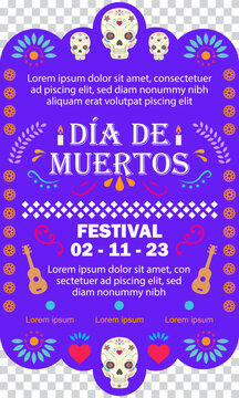Cartel del día de muertos, festividad mexicana con cráneos y flores, estilo papel picado