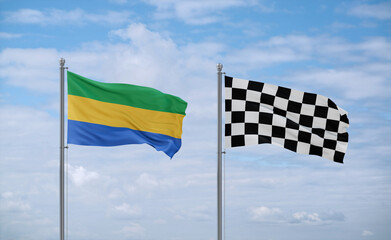 Checkered racing and Gabon flags, country relationship concept