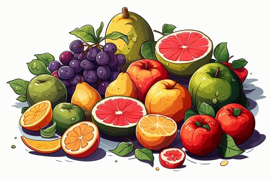 Vibrant 2D art style featuring an array of fruits on white