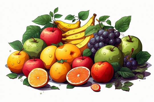Vibrant 2D art style featuring an array of fruits on white