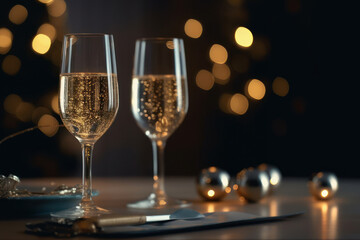 Two glasses of cava wine, on a glass table, with Christmas lights in the background. Generative AI