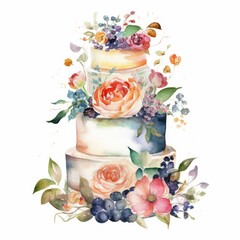 Watercolor floral wedding cake, single, white background. AI generated