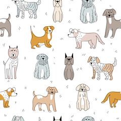 Cute dog hand drawn seamless pattern. Cartoon dog or puppy characters in different poses.