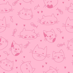 Hand drawn sketch doodle kitty cute element on pink background. Fish bone and cat toy element. Hello kitty background