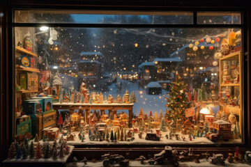 Window display of a store decorated for Christmas. Generative AI