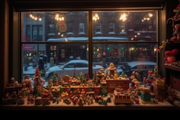 Window display of a store decorated for Christmas. Generative AI