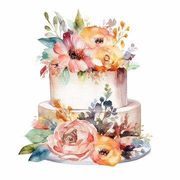 Watercolor floral wedding cake, single, white background. AI generated