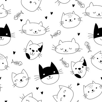 Seamless pattern with hand drawn cats, cat food and fish on a white background.