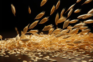 Wheat product in motion, with grains dynamically suspended in the air