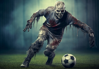zombie playing football on the field, halloween concept.