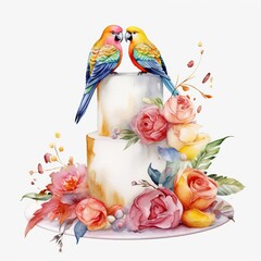 Watercolor lovebirds wedding cake, single, white background. AI generated
