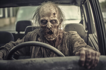 Zombie driving car to halloween party concept. - obrazy, fototapety, plakaty