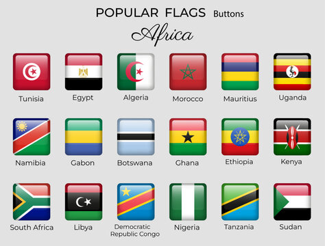 Buttons flags of African countries. Africa flag icon set. 3d square design. Nigeria Uganda Egypt Kenya Vector isolated