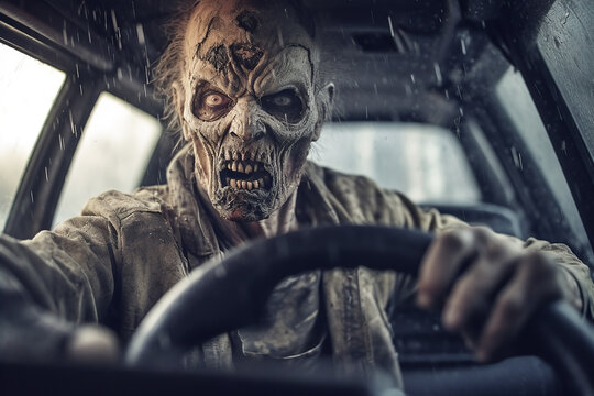 Zombie driving car to halloween party concept.