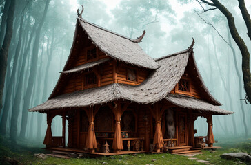 Wooden house in the forest with fog
