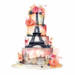 Watercolor Parisian-themed wedding cake, single, white background. AI generated