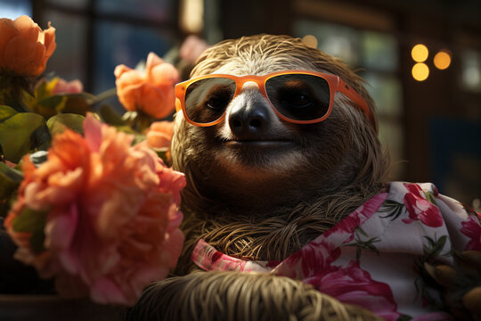 Vacation rest in exotic country beach concept. Cool, relaxed, funny positive sloth sluggard in sunglasses at garden around flowers and wear nice shirt lounging in park
