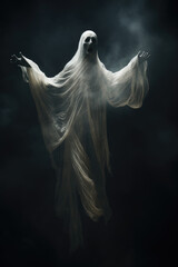 Scary ghost on dark background. Flying monster wanders in night