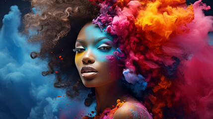 Serene woman with turquoise makeup, enveloped by swirling clouds of vivid blues and pinks, exuding ethereal beauty and mystique