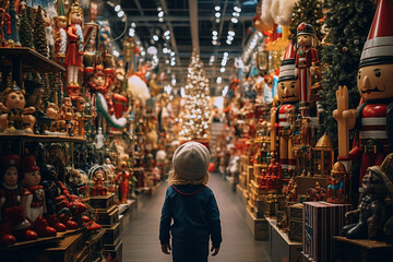 child in toy store at christmas  - obrazy, fototapety, plakaty