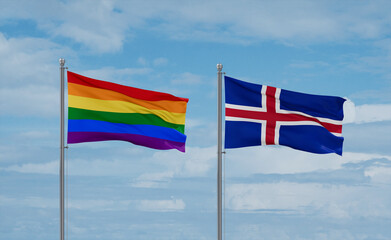 Iceland and LGBT movement flags, country relationship concept