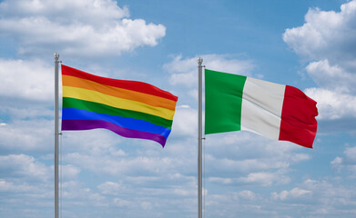 Italy and LGBT movement flags, country relationship concept