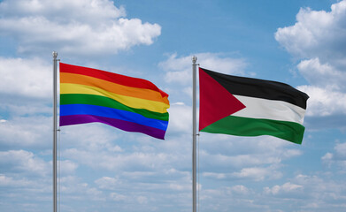 Palestine and LGBT movement flags, country relationship concept